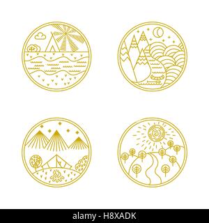 Vector badges linéaire et éléments de conception de logo avec les paysages, la nature et le camping - étiquettes rondes Illustration de Vecteur