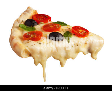 Une tranche de pizza chaude dégoulinant de fromage fondu. Isolé sur blanc. Banque D'Images