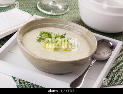 Délicieux potage de concombre froide garnie de morceaux de concombre et aneth. Banque D'Images