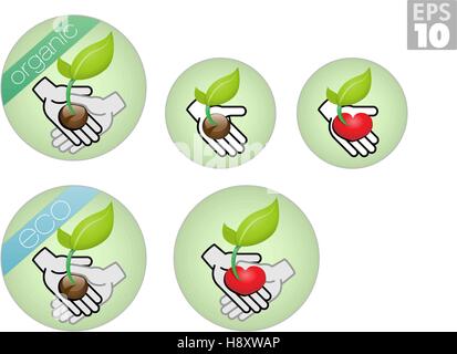 Bio, éco-labels, s'occupent d'environnement écologique, la croissance des plantes, Helping Hands Illustration de Vecteur
