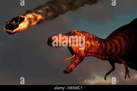 Profil de T.Rex & la chute d'un astéroïde. Banque D'Images