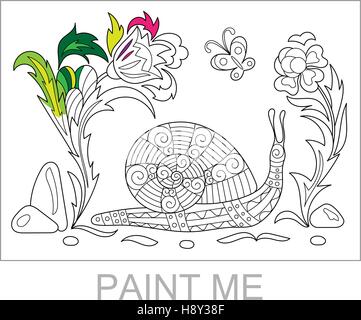 Zentangle caricature stylisée rampant escargot parmi les fleurs. Esquisse pour coloriage antistress adultes. Hand drawn doodle, zentangle, floral éléments de conception pour le livre de coloriage. Illustration de Vecteur