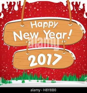 Bonne Année, neige, Noël, arbre de Noël, flocons, panneau en bois, vecteur, année, illustration, décoration, maison, Noël, nouveau Illustration de Vecteur