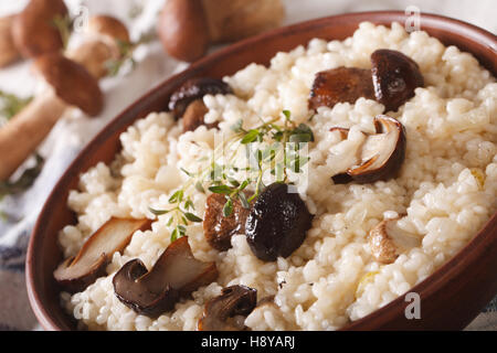 Risotto aux cèpes et le thym gros plan sur la plaque horizontale. Banque D'Images