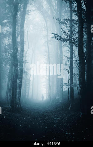 Scary Halloween paysage. L'atmosphère lugubre forêt sombre scène avec man walking on path spooky dans le brouillard au crépuscule Banque D'Images