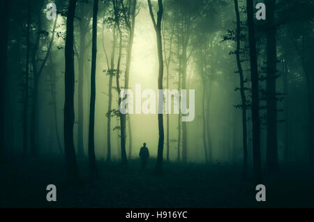 Paysage de forêt effrayante avec l'homme sur la voie sombre Banque D'Images