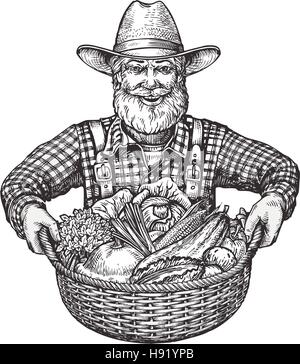 Heureux agriculteur avec un panier de légumes. Croquis dessinés à la main, vector illustration isolé sur fond blanc Illustration de Vecteur