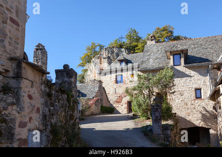 Maisons anciennes à Rodelle, un village perché sur un éperon rocheux (Aveyron - France). Vieilles maisons de grès rose à Rodelle. Banque D'Images