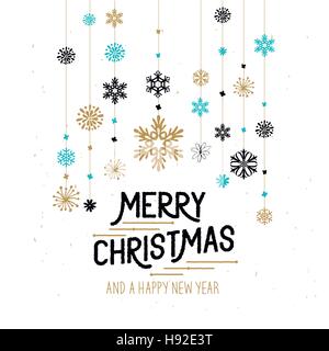 Joyeux Noël décorations. Hanging snowflakes et joyeux noël signe. Vector illustration. Illustration de Vecteur