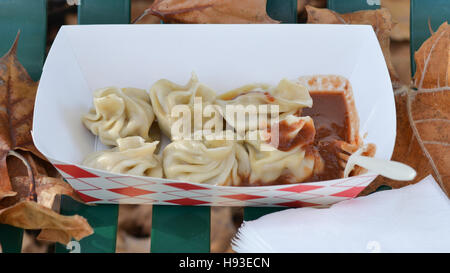 Momos à la vapeur avec sauce tomate.- servi dans une zone de fin à un marché de producteurs, sur un banc du parc, entouré de feuilles tombées Banque D'Images