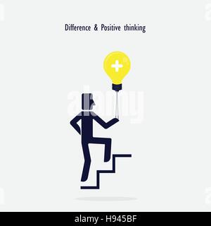 L'homme dans les escaliers qui montent et l'ampoule du feu créatif.symbole de la pensée positive et la différence concept, idée d'entreprise. Vector illustration Illustration de Vecteur