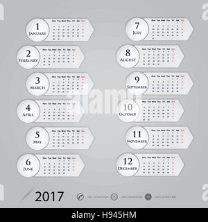 Calendrier 2017 modèle de vecteur conception.Calendrier pour l'année 2017.semaine commence lundi.Calendrier de l'année calendrier 2017 modèle.Lot de 12 mois.vect Illustration de Vecteur