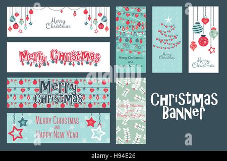 Coloré vecteur cartes de Joyeux Noël avec des boules, Arbre, fleur, de guirlandes, de texte pour l'impression et le web Illustration de Vecteur