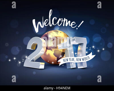 Message d'accueil et nouvelle année 2017 genre composé de doré la planète terre, sur un fond noir - 3D illustration Banque D'Images