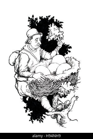 Il a trouvé quelques oeufs gigantesques dans le nid, Children's Book Illustration par William Heath Robinson, à partir de 1934, le livre de gobelins treize frères Banque D'Images