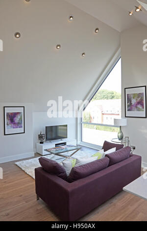 Intérieur d'un appartement moderne dans un nouveau super-bloc résidentiel isolé présente un coin salon avec canapé et un plafond incliné Banque D'Images