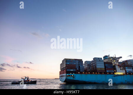 Miami Beach Florida,Maersk Line,cargo container navire,arrivée,Port de Miami,Océan Atlantique,entrée Government Cut,remorqueur,FL161113011 Banque D'Images