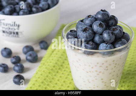 Pouding au tapioca avec des bleuets frais sur le dessus. Assis sur une table en bois blanc et d'un tissu vert. Bol blanc de bleuets frais dans l'arrière-plan. Banque D'Images
