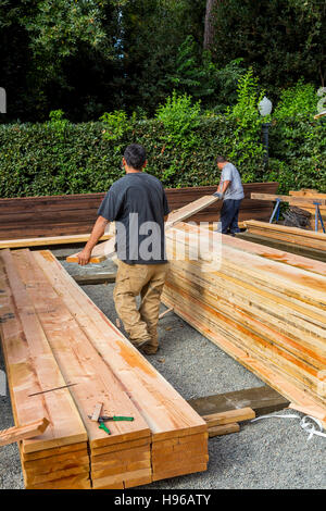 Les travailleurs de la construction, bois d'empilage, Rutherford, Napa Valley, Comté de Napa, Californie Banque D'Images