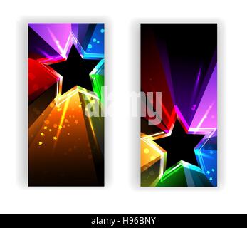 Deux bannières avec une étoile noire avec rayons arc-en-ciel sur un fond noir. Illustration de Vecteur