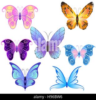 Sept papillons stylisés colorés sur fond blanc. Illustration de Vecteur