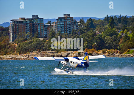 Une vue arrière d'un hydravion Harbour Air taxer sur le port intérieur de Victoria, C.-B. prêt au décollage Banque D'Images