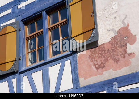 Maison à colombages avec bétail peint sur la face avant, Vieille Ville, Arbon, Canton de Thurgovie, le lac de Constance, Suisse Banque D'Images