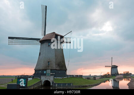 Moulins à vent traditionnels dans un paysage néerlandais aux Pays-Bas au coucher du soleil Banque D'Images