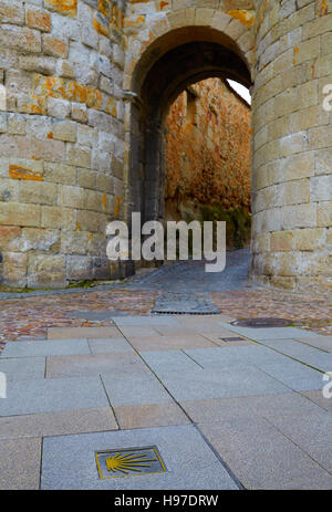 Zamora porte de Dona Urraca en Espagne avec Saint James way signe sur marbre Banque D'Images