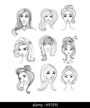 Illustration Cartoon noir et blanc de femmes Visages Personnages Set Banque D'Images