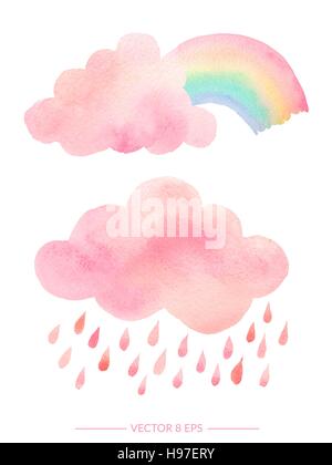 Vecteur. Aquarelle rose mignon avec les nuages de pluie et arc-en-ciel. Ensemble d'objets aquarelle isolé sur fond blanc pour votre conception : textile, tissu, po Illustration de Vecteur