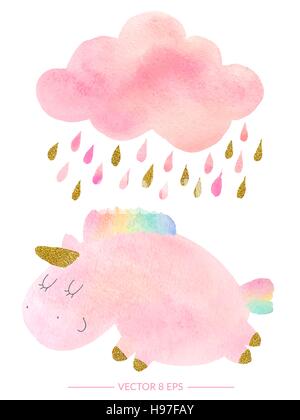 Vecteur. Cute pink unicorn aquarelle et de nuages de pluie. Ensemble d'objets aquarelle isolé sur fond blanc pour votre conception : textile, tissu Illustration de Vecteur