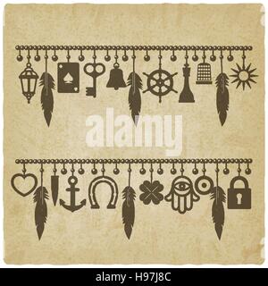 Bracelets de charme avec des symboles de bonne chance vieux fond. Illustration 10 Illustration de Vecteur