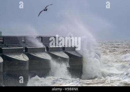 Vagues battues Brighton Marina mur durant une tempête Banque D'Images