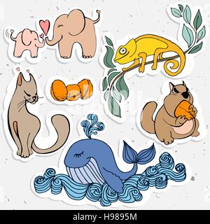 Les animaux mignons caricature, caméléon, avec des baleines et d'éléphants de hamster. Illustration de Vecteur