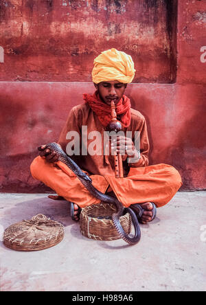 Charmeur de serpent, avec cobra (Naja naja), Rajasthan, Inde Banque D'Images