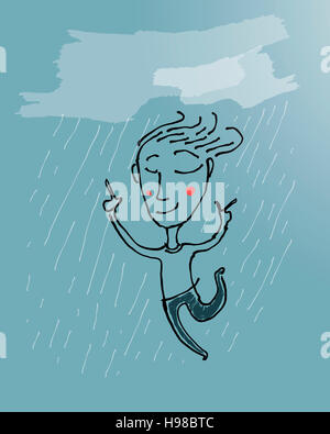 Hand drawn vector illustration ou dessin d'un homme heureux d'exécution sous la pluie Banque D'Images