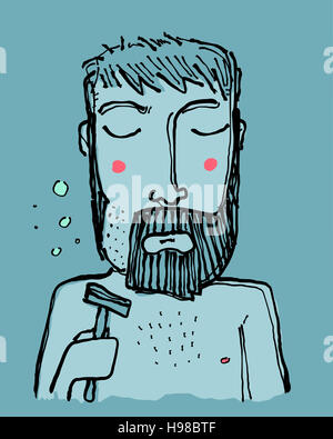 Hand drawn vector illustration ou dessin d'une triste caricature de rasage homme sa barbe Banque D'Images