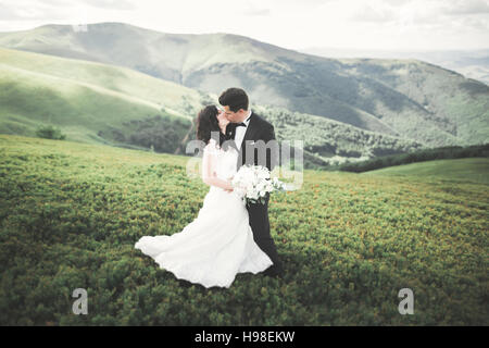 Magnifique magnifique à bride groom et le plaisir, à la cérémonie de luxe avec vue imprenable sur les montagnes, de l'espace pour texte, wedding couple Banque D'Images