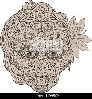 Illustration d'une femme crâne en sucre décorés ou calavera avec cheveux et des fleurs vue de l'avant pour commémorer le Jour des morts sur whi isolés Illustration de Vecteur