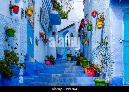 Une rue colorée dans la médina, Chefchaouen, Maroc Banque D'Images