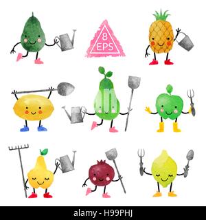 Jeu de vector hand drawn aquarelle fruits mignons avec Visages. Parfait pour les enfants. Illustration de Vecteur