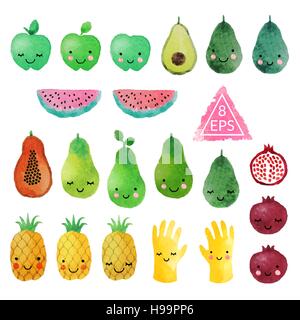 Jeu de vector hand drawn aquarelle fruits mignons avec Visages. Parfait pour les enfants. Illustration de Vecteur
