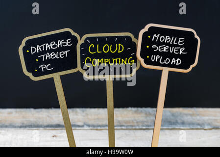 Message Concept CLOUD COMPUTING écrit avec la craie sur tableau noir en bois mini étiquettes, tableau noir et de flou artistique en arrière-plan de tables en bois Banque D'Images