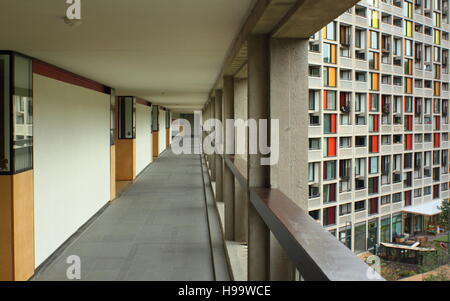 Une passerelle par entrées appartement dans un flanc de colline parc réaménagé appartements dans la ville de Sheffield, Yorkshire, Angleterre Royaume-uni -2016 Banque D'Images