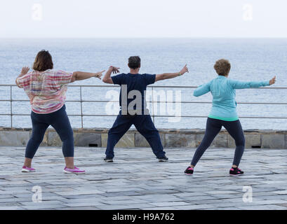 Homme mature et deux femmes mûres pratiquer le Tai chi avec vue sur la mer Banque D'Images