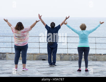 Homme mature et deux femmes mûres pratiquer le Tai chi avec vue sur la mer Banque D'Images