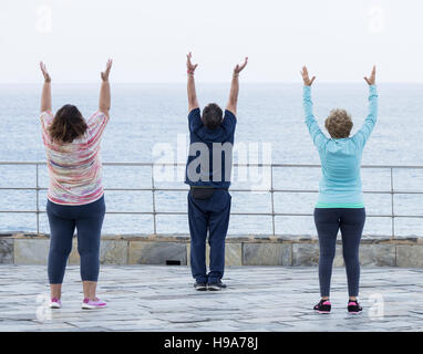 Homme mature et deux femmes mûres pratiquer le Tai chi avec vue sur la mer Banque D'Images