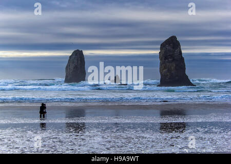 La capture de photographe des vagues par Haystack Rock at Cannon Beach le long de la côte de l'Oregon Banque D'Images