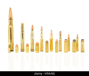 Calibres de balles y compris 223, 5,56 7,62 39, 30-30, 308, win win, win, 300 270 win mag, 416 rem mag, 50 BMG 45 long colt, 44 357 rem mag, mag, 38 Banque D'Images